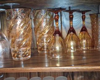 Amber Glassware Set with Diamond Cut Tumblers and Fluted Stemware