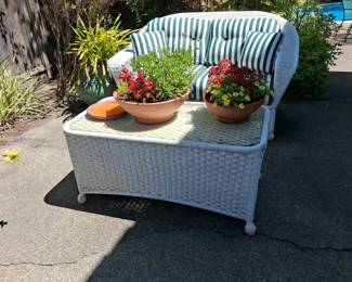 Wicker Patio Ottoman with Green and White Striped Cushion