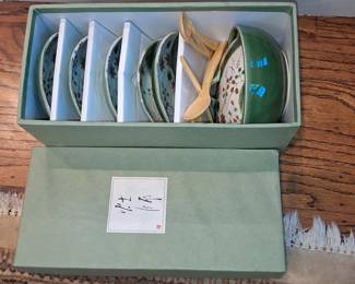 Japanese Ceramic Tea Set with Wooden Spoons and Floral Motif