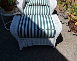 White Wicker Chair and Ottoman with Green and White Striped Cushions
