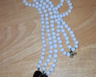 White Glass Bead Necklace with Black Spiral Shell Pendant