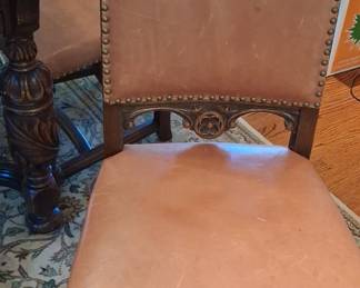 Antique Carved Oak Dining Set with Leather Upholstery - Tudor/Jacobean Style