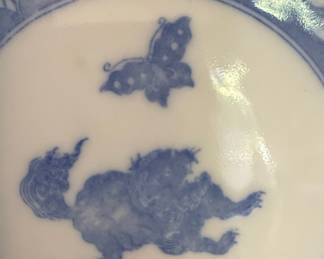 Antique Chinese Blue and White Porcelain Plate with Foo Dog and Butterfly Motif