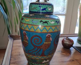 Chinese Cloisonné Ginger Jar with Roosters and Procession of Animals