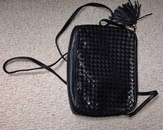 Vintage Black Woven Leather Crossbody Bag with Tassel