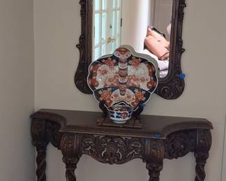 Ornate Carved Mahogany Console Table with Mirror