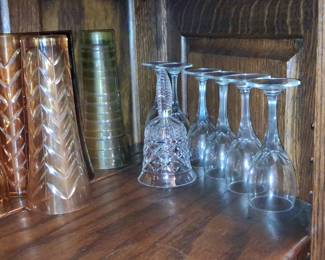Set of Vintage Amber and Green Tumblers with Cut Crystal Wine Glasses