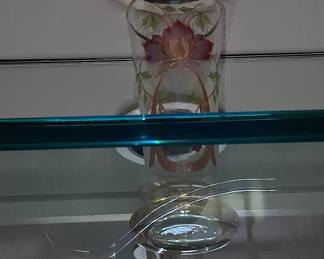 Hand-Painted Floral Glass Vase with Gold Rim