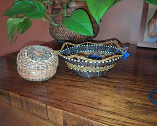 Beaded Basket and Woven Lidded Container