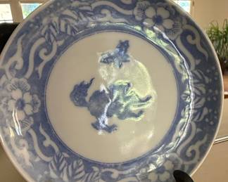 Antique Chinese Blue and White Porcelain Plate with Foo Dog and Butterfly Motif