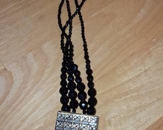 Multi-Strand Black Beaded Necklace with Art Deco Rhinestone Pendant