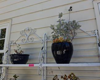White Wrought Iron Plant Stand with Black Ceramic Planters