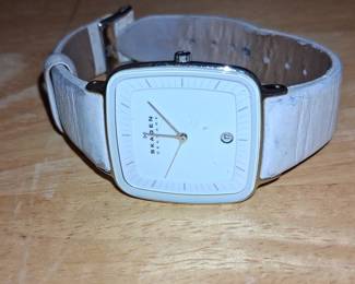 Skagen Denmark Square Watch with White Leather Strap