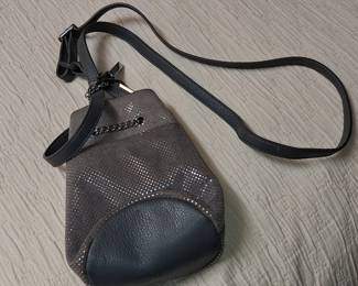Grey Suede and Leather Bucket Bag with Rhinestones