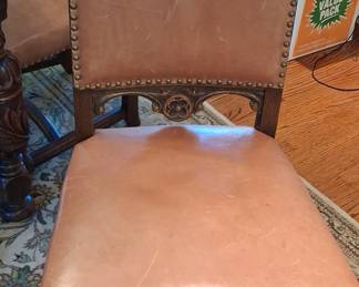 Antique Carved Oak Dining Set with Leather Upholstery - Tudor/Jacobean Style