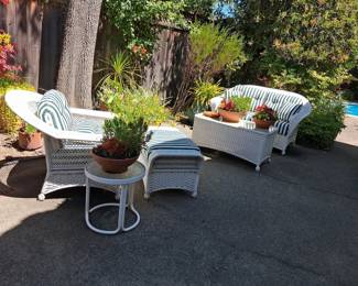 Wicker Patio Ottoman with Green and White Striped Cushion
