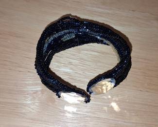 Braided Black Seed Bead Cuff Bracelet with Crystal Accents