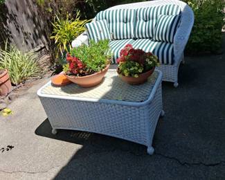 White Resin Wicker Loveseat and Coffee Table Set with Green and White Striped Cushions