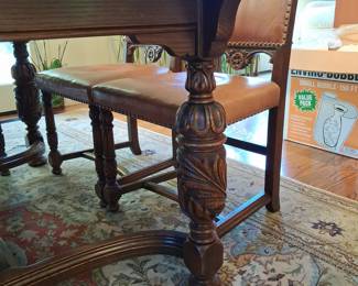 Antique Carved Oak Dining Set with Leather Upholstery - Tudor/Jacobean Style