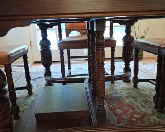 Antique Carved Oak Dining Set with Leather Upholstery - Tudor/Jacobean Style