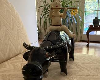 Vietnamese Papier-Mâché Water Buffalo and Boy Figurine with Flute