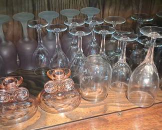 Assorted Vintage Glassware Set with Pink Decorative Pieces and Etched Wine Glasses
