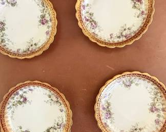 Antique Limoges Porcelain Dessert Plates with Pink Roses and Gilt Rim