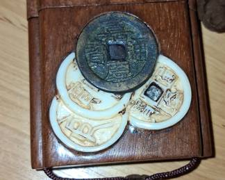 Antique Chinese Coin and Carved Disc Necklace with Wooden Box