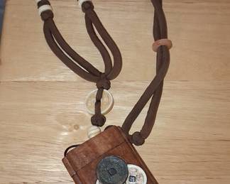 Antique Chinese Coin and Carved Disc Necklace with Wooden Box