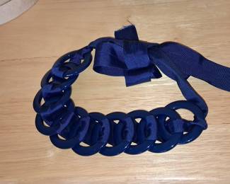 Chunky Navy Blue Resin Link Chain Belt with Grosgrain Ribbon