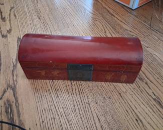 Antique Chinese Red Lacquer Document Box with Gilt Decorations
