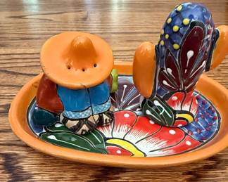 Mexican Folk Art "Panchito" Salt and Pepper Shaker Set with Tray