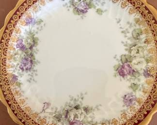 Antique Limoges Porcelain Dessert Plates with Pink Roses and Gilt Rim