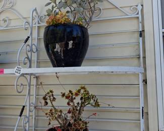 White Wrought Iron Scrollwork Tiered Plant Stand with Two Ceramic Pots