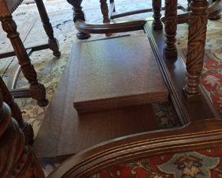 Antique Carved Oak Dining Set with Leather Upholstery - Tudor/Jacobean Style