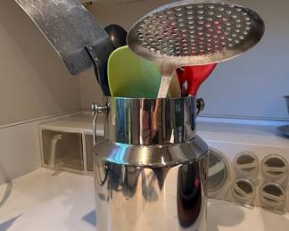 Stainless Steel Milk Can Container with Assorted Kitchen Utensils