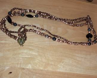 Multi-Strand Copper-Toned and Black Beaded Necklace with Green Pendant