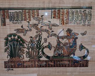 Egyptian Papyrus Painting of Pharaoh Hunting Birds