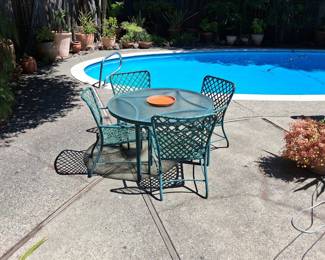 Vintage Brown Jordan Tamiami Green Metal Patio Dining Set with Glass Table and Four Chairs