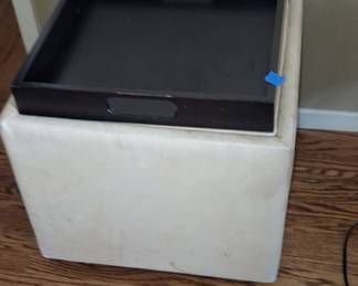 Dark Wood Serving Tray with Light Upholstered Storage Ottoman