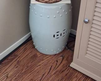 Pale Blue Ceramic Garden Stool with Raised Dot and Coin Motif