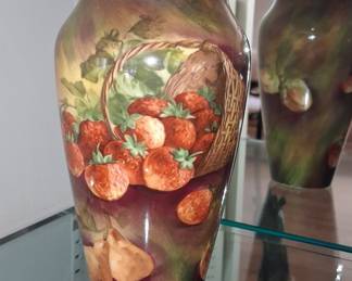Hand Painted Porcelain Vase with Strawberry and Pear Motif by J.P./L. Jean Pouyat Limoges