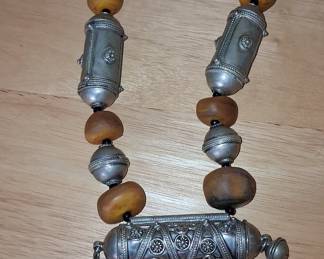 Vintage Yemeni Silver and Copal Amber Necklace