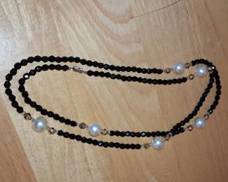 Double Strand Black Spinel and Faux Pearl Necklace