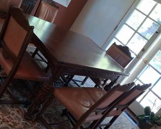 Antique Carved Oak Dining Set with Leather Upholstery - Tudor/Jacobean Style