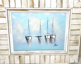 Original Hand Painted Oil on Canvas Sailboat Painting in Attractive Wood Frame