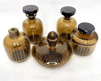 Lot of 5 MCM Amber Glass Decanters and Jars