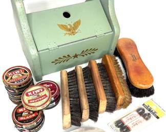 Vintage Wooden Early American Shoe Shine Kit with Accessories