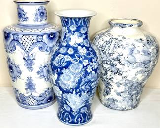 Lot of 3 Blue and White Ceramic Vases