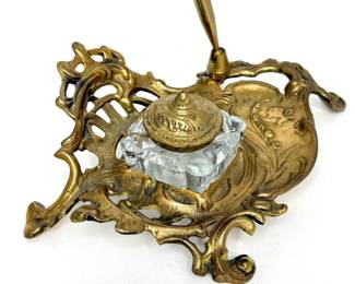Vintage Solid Ornate Brass Inkwell - Art Nouveau